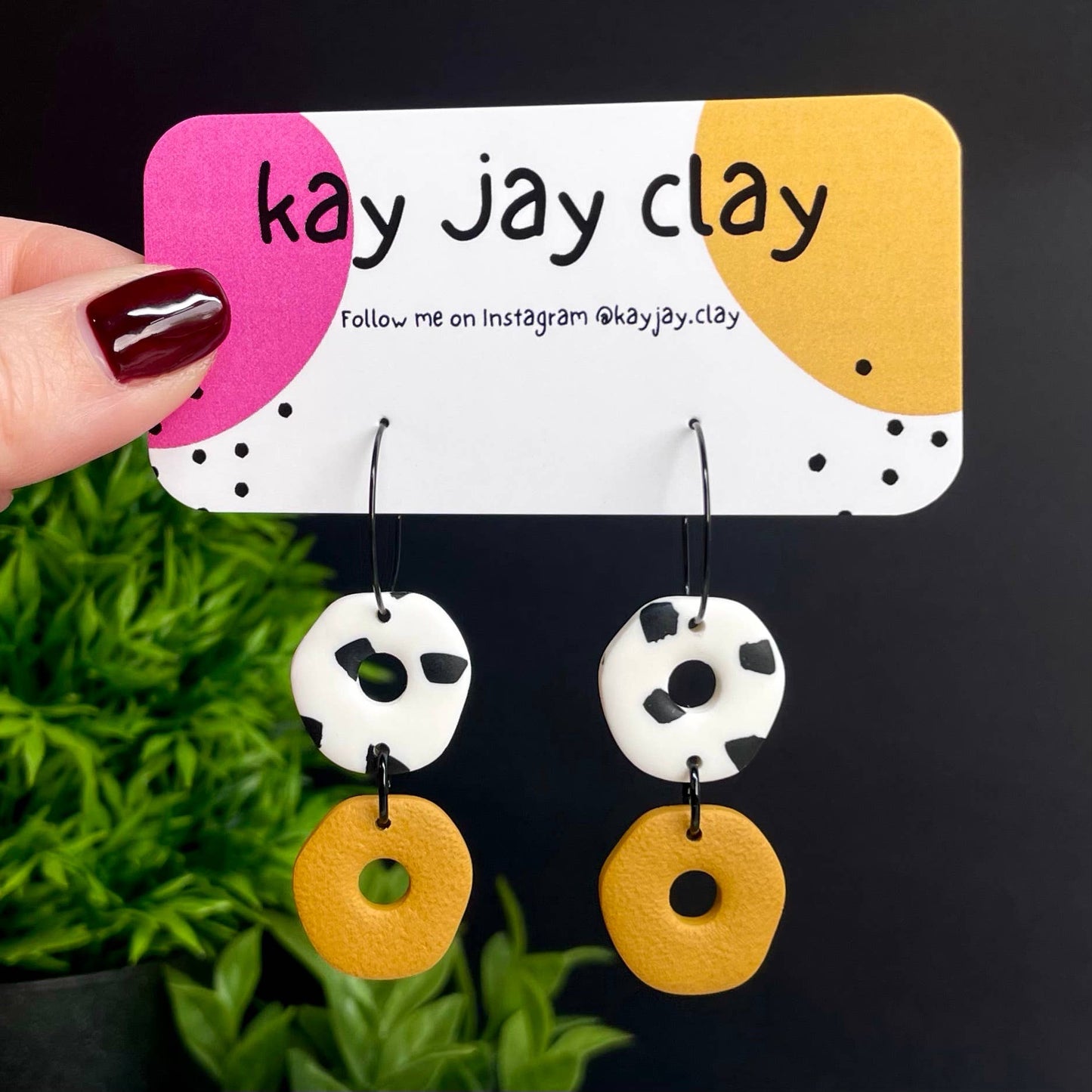 Kay Jay Clay Dalmatian Print Handmade Polymer Clay Hoop Earrings: Yellow