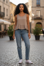 Button Back Frill Top Mocha
