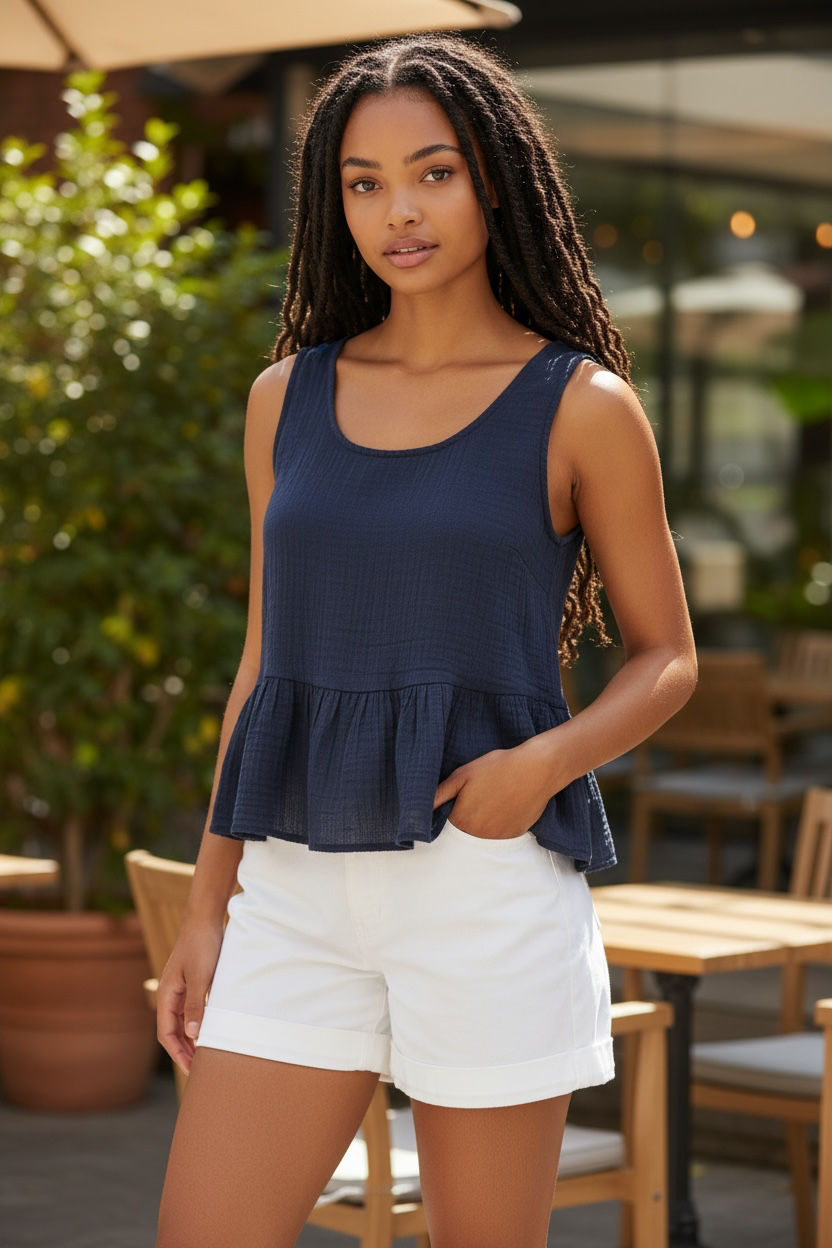 Button Back Frill Top Navy