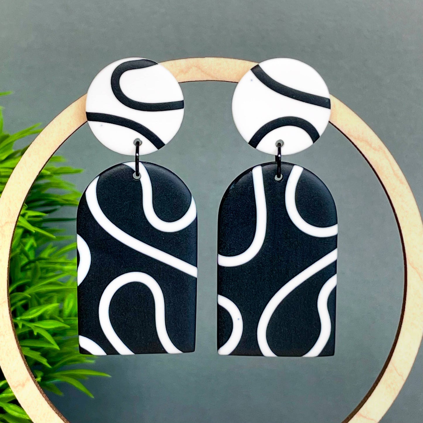 Kay Jay Clay Reverse Monochrome Squiggle Arch Dangle Earrings 