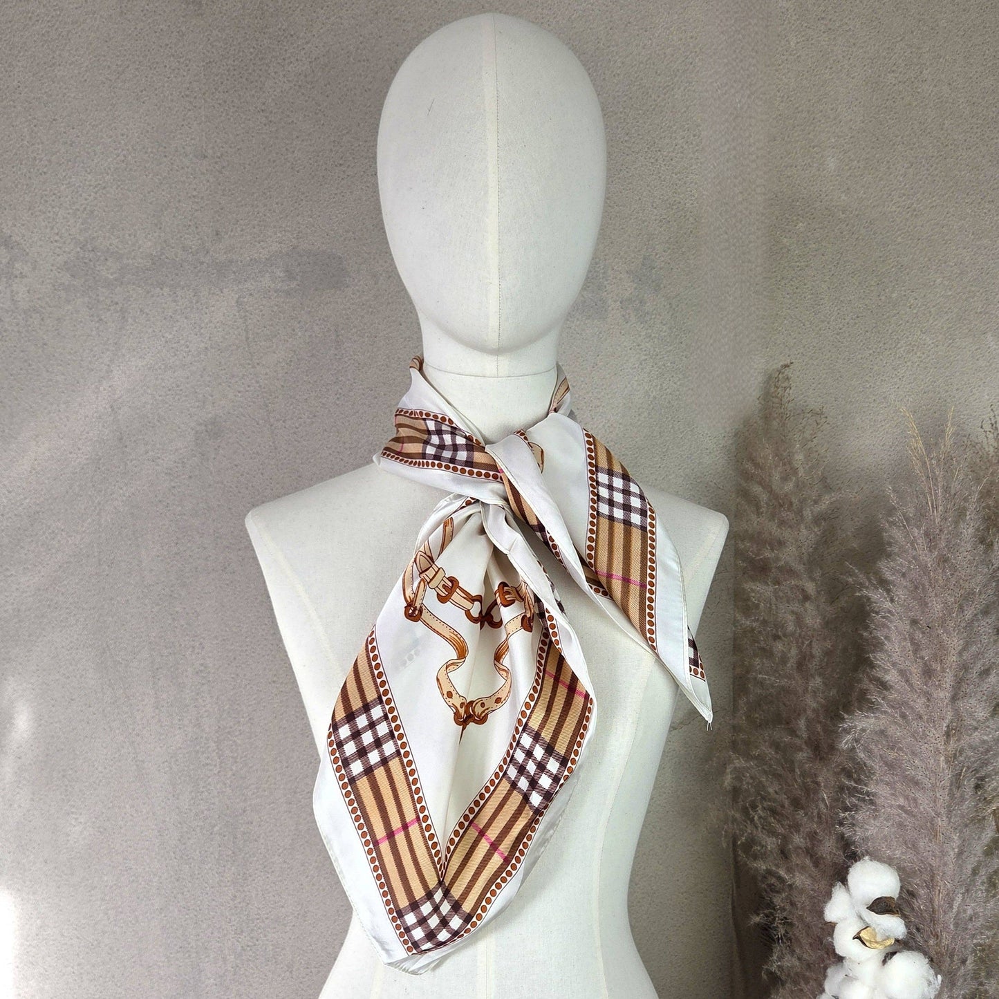Equestrian silk feel neck scarf with check border