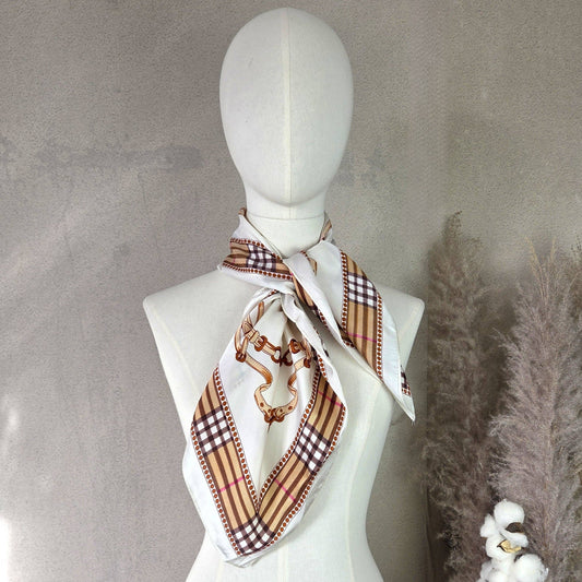 Equestrian silk feel neck scarf with check border
