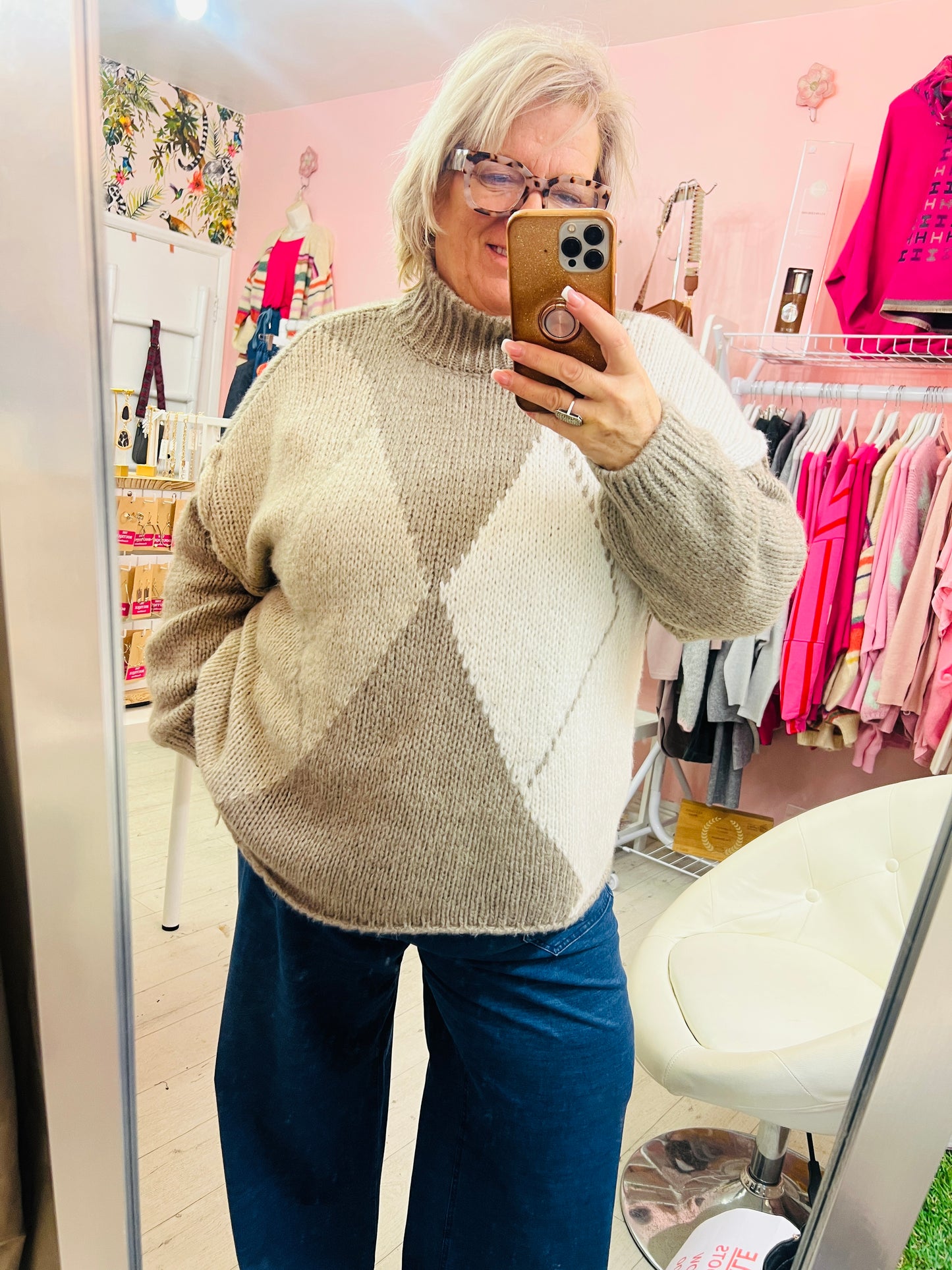 Anya Soft knit Argyle style Jumper Biege