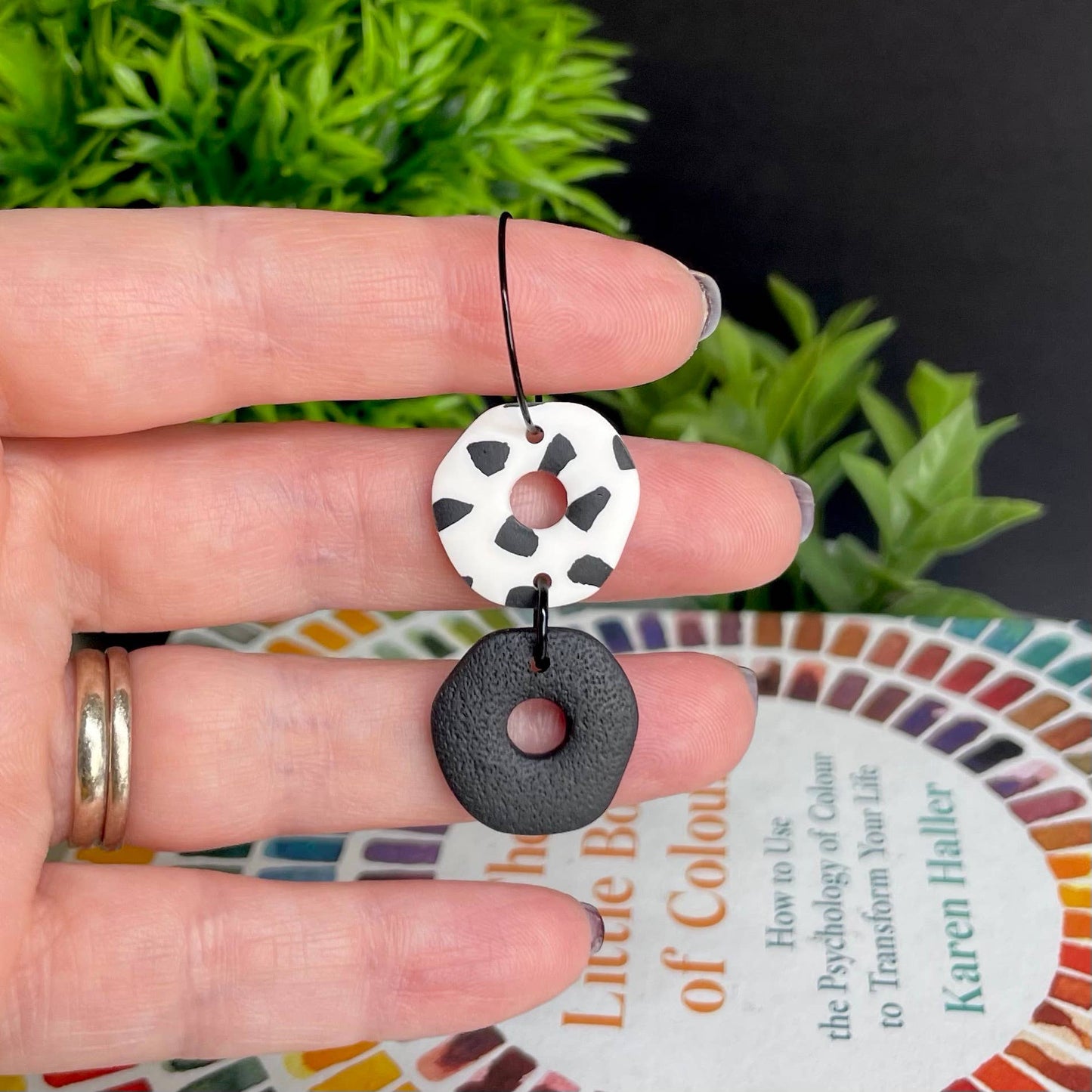 Kay Jay Clay Dalmatian Print Handmade Polymer Clay Hoop Earrings: Black