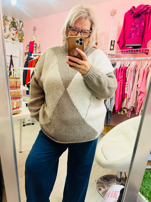 Anya Soft knit Argyle style Jumper Biege