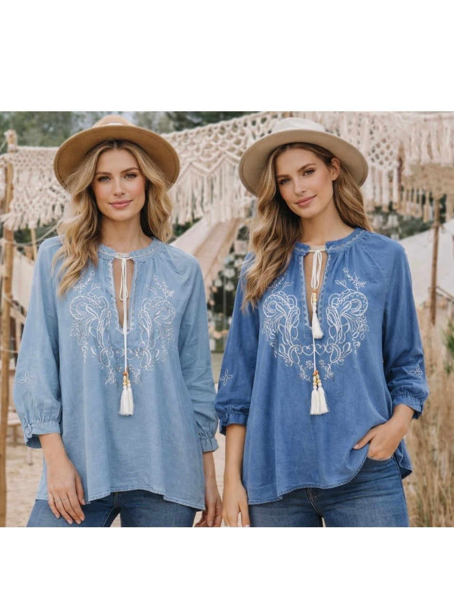 Boho Tencel Embroidery Tassle Top Light Wash