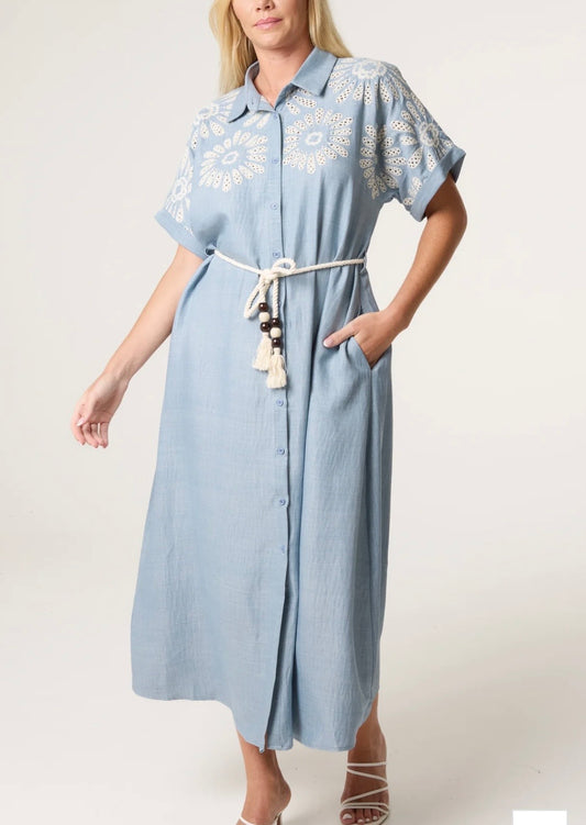 Floral Cutwork Embroidery Tassel Belt Dress