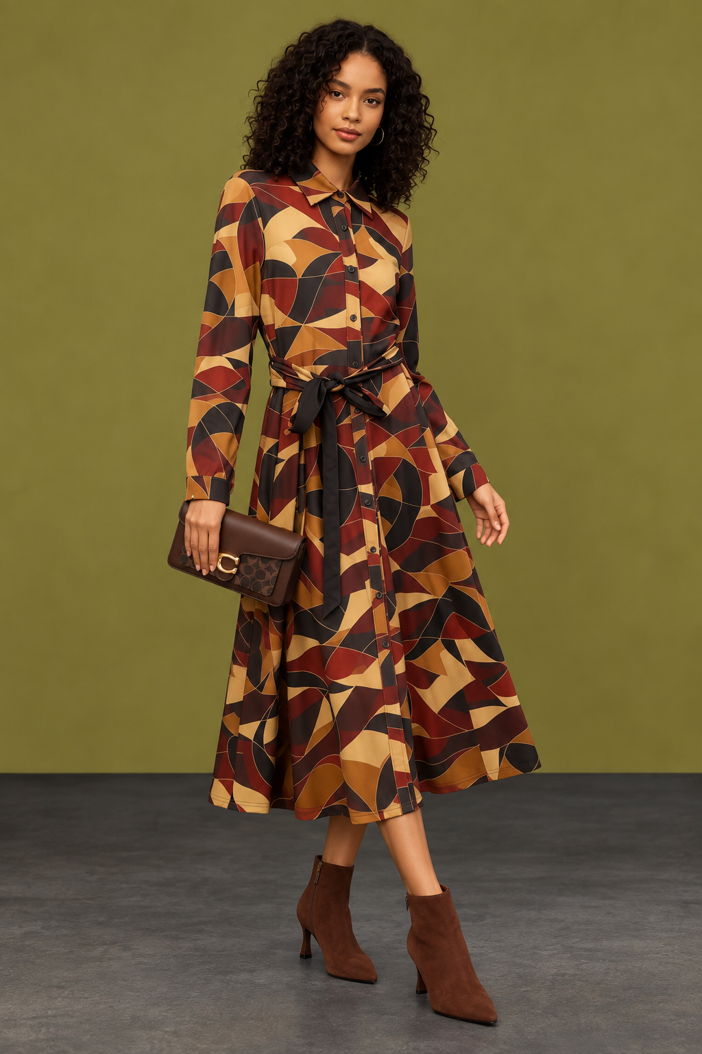 Geometric Print Suedette Shirt Dress Camel/Burgandy