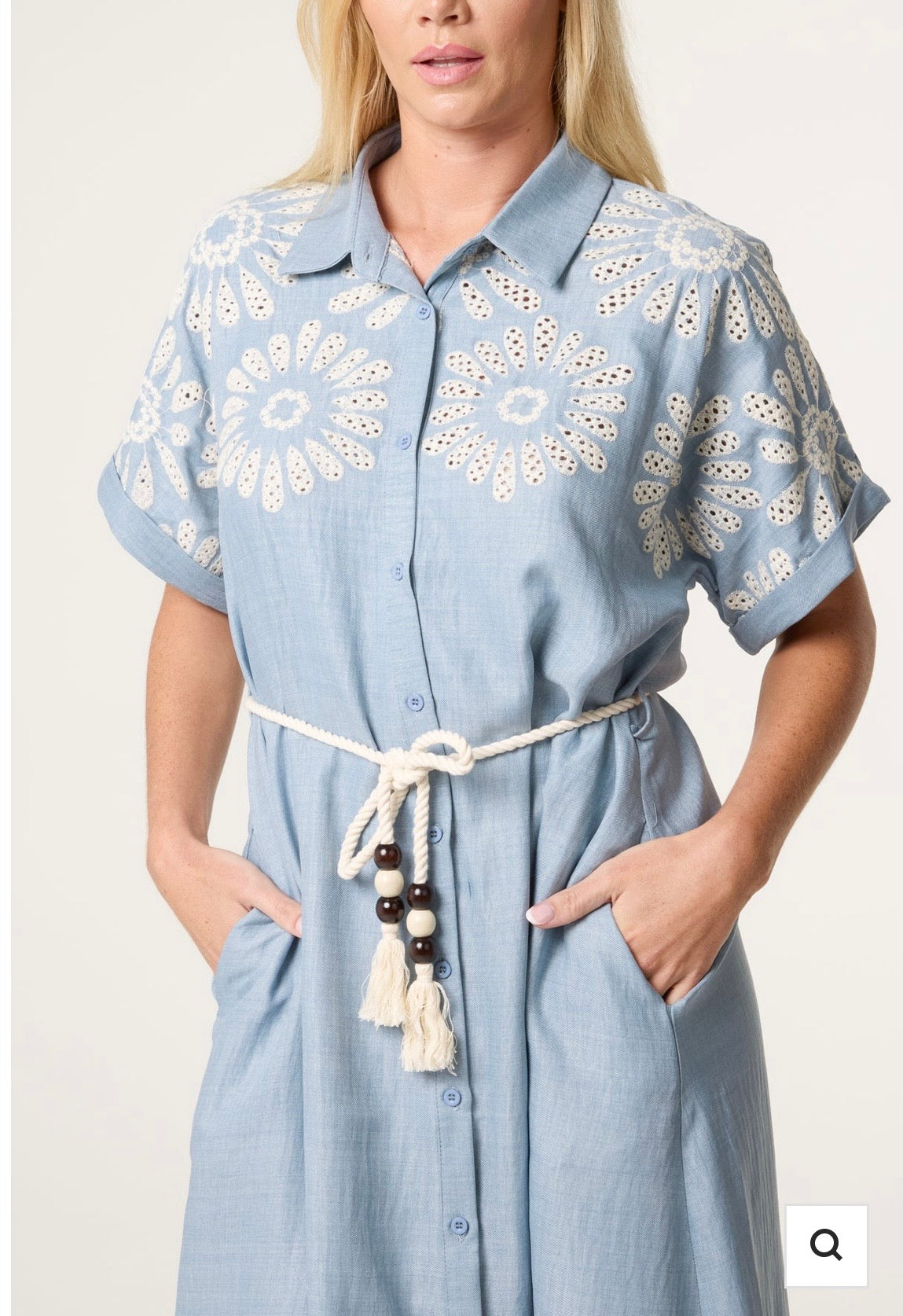 Floral Cutwork Embroidery Tassel Belt Dress