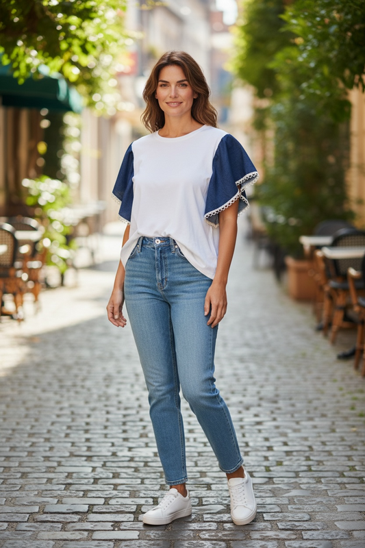 Denim Frill Sleeve tee White