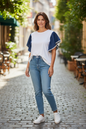 Denim Frill Sleeve tee White