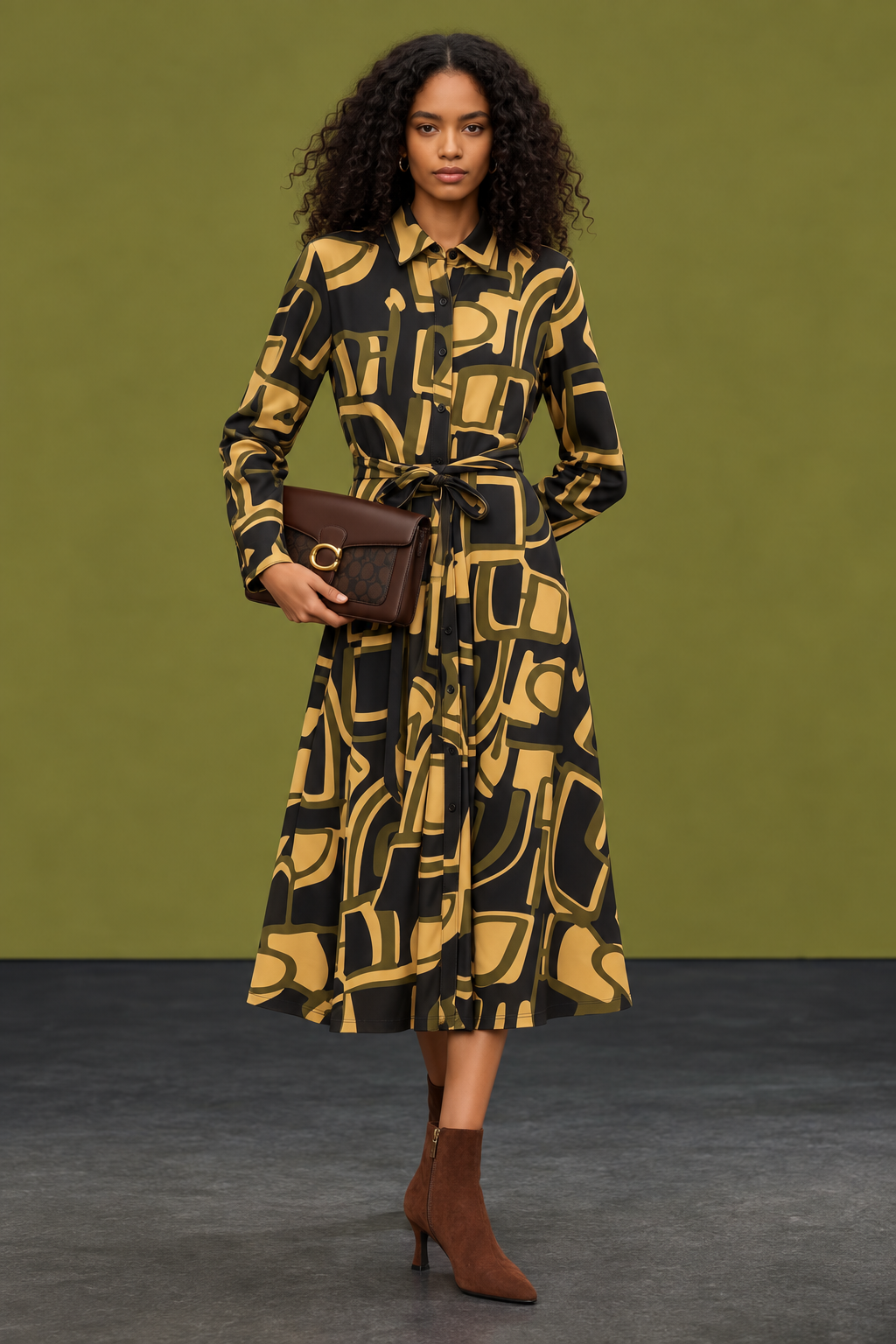 Geometric Print Suedette Shirt Dress Olive / Navy
