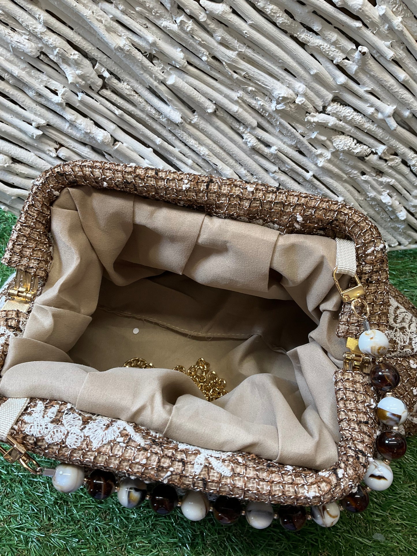 Lace Crochet Large Clutch Bag Hessian Brown