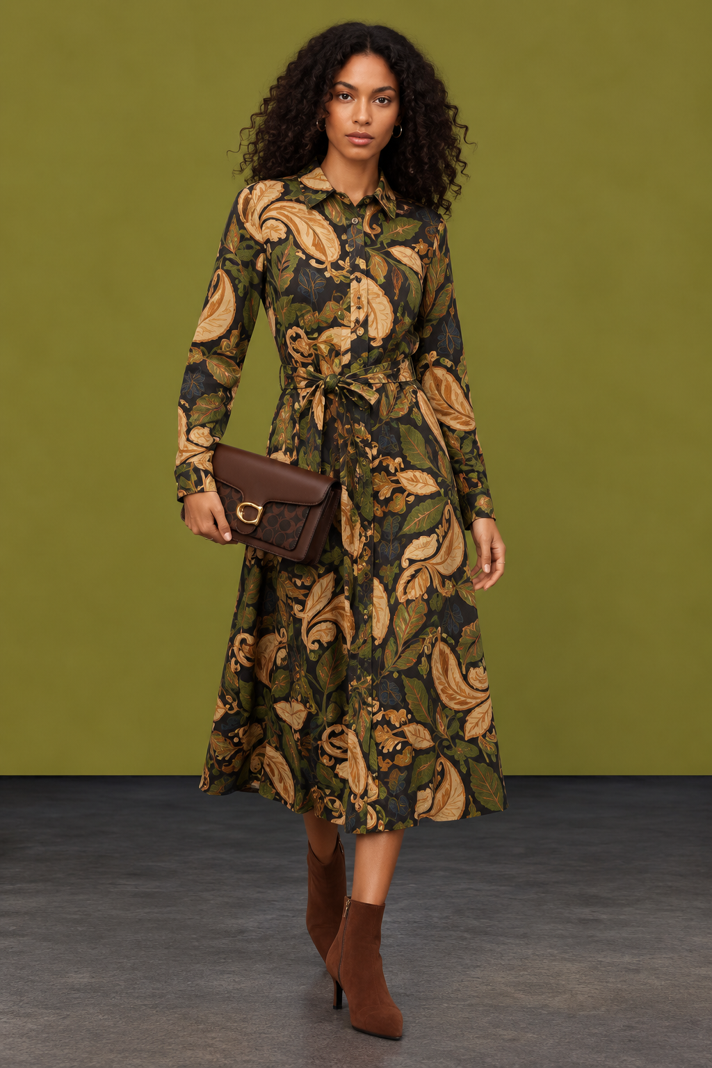 Paisley Print Suedette Shirt Dress Olive