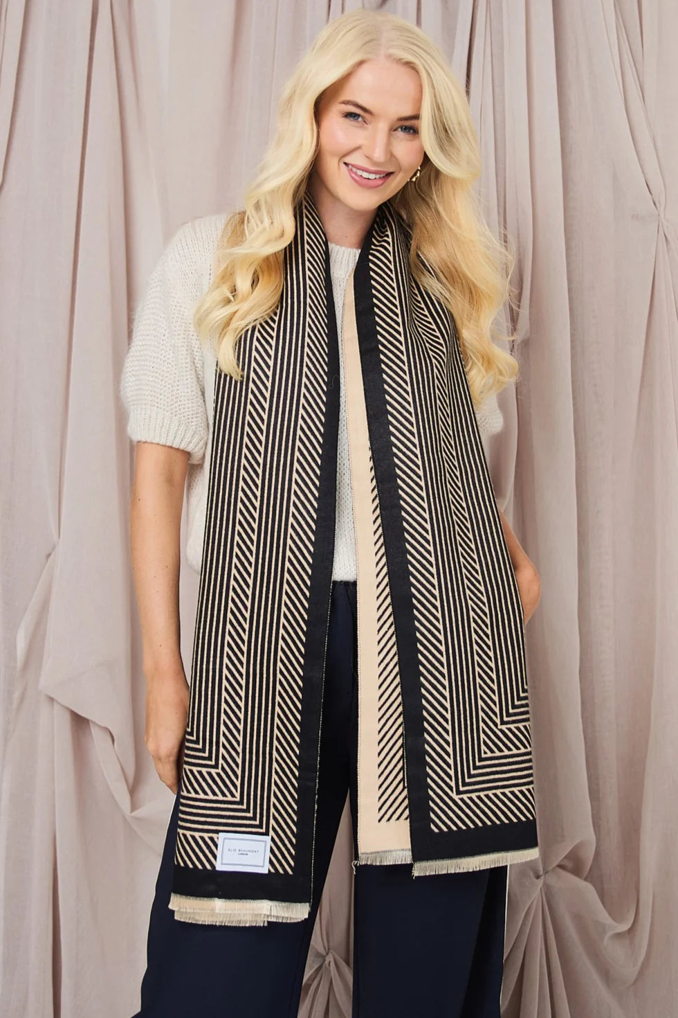Eli Beaumont Reversible Winter Black & Sand Geometric Scarf