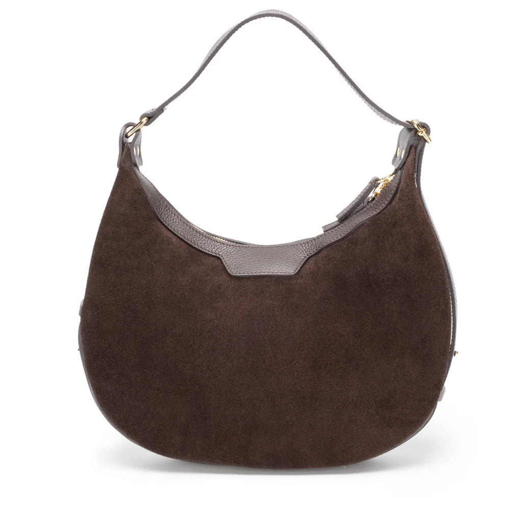 Elie Beaumont Shoulder Handbag Crescent Suede Taupe Chocolate Brown