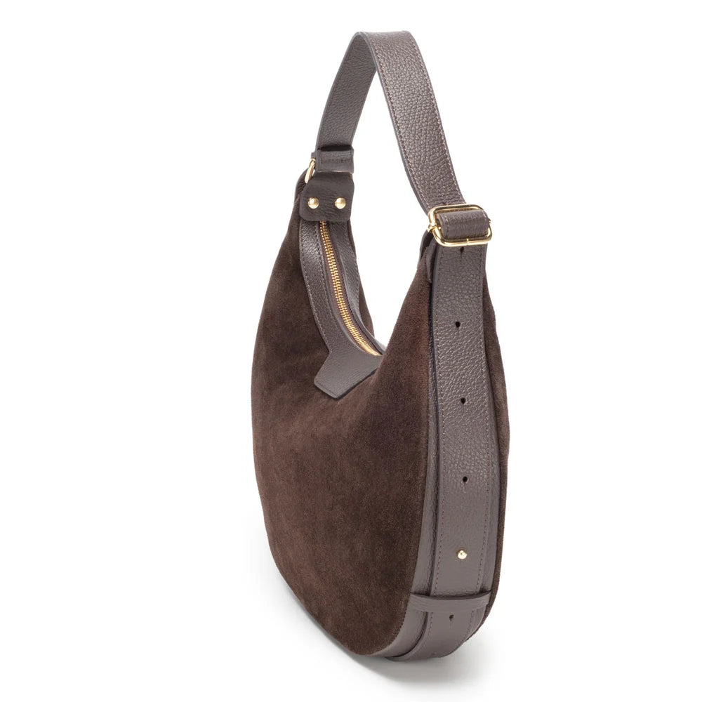 Elie Beaumont Shoulder Handbag Crescent Suede Taupe Chocolate Brown