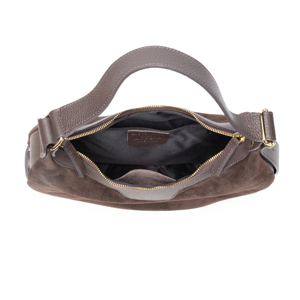 Elie Beaumont Shoulder Handbag Crescent Suede Taupe Chocolate Brown