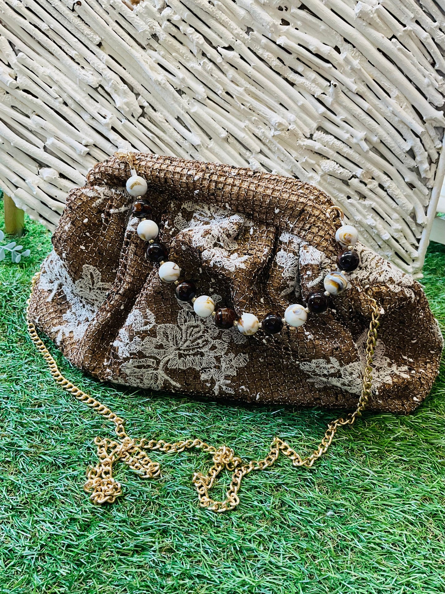 Lace Crochet Large Clutch Bag Hessian Brown