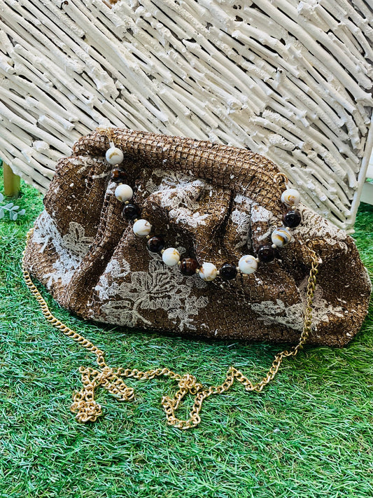 Lace Crochet Large Clutch Bag Hessian Brown