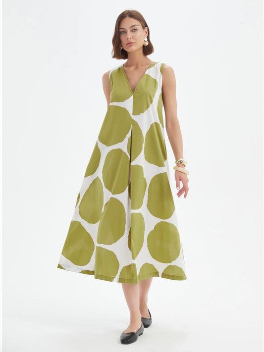 Tirelli Inverted Pleat Poplin Dress Chartreuse White Spot