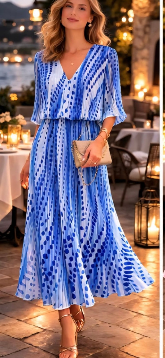 Opal Printed V Plisse Dress Royal/Blue