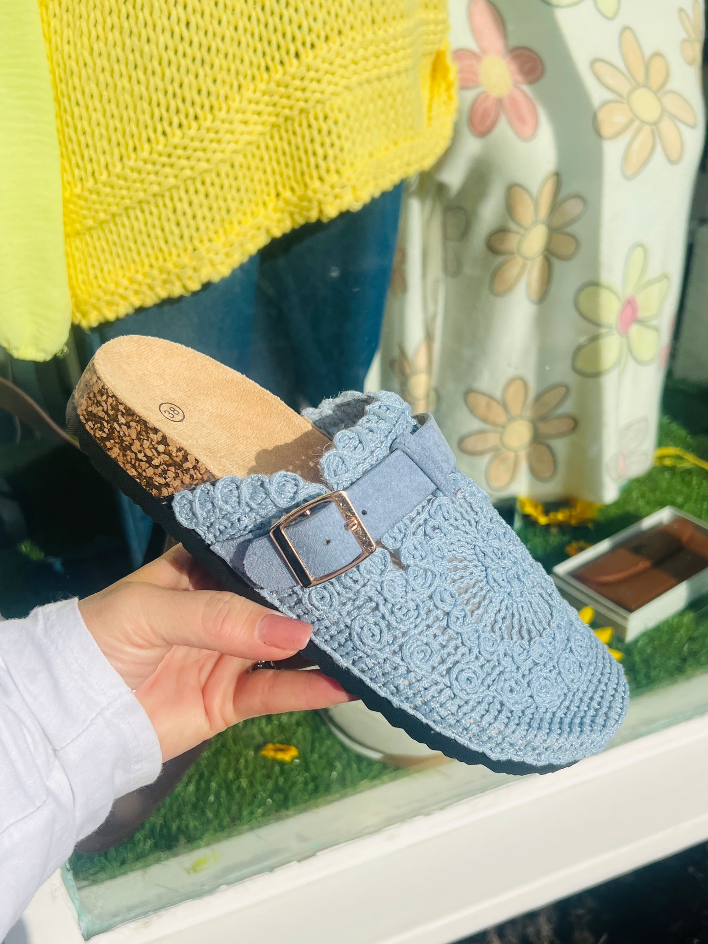 Brooke Mules Cornflower Blue Crochet