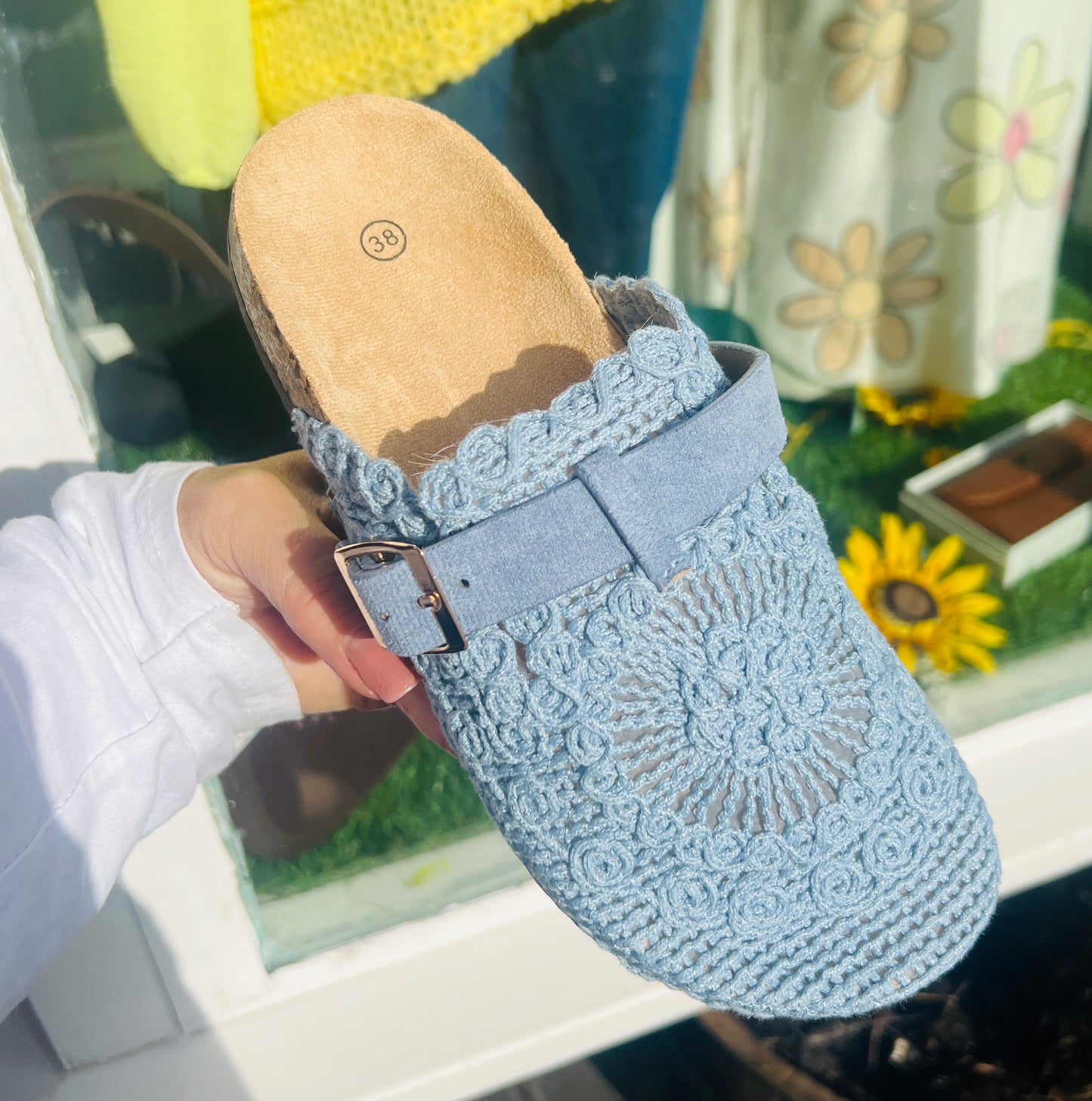 Brooke Mules Cornflower Blue Crochet