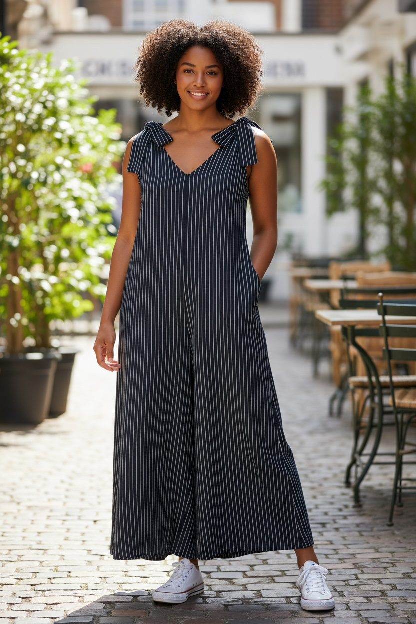 Wide leg Pin stripe Dungarees Navy