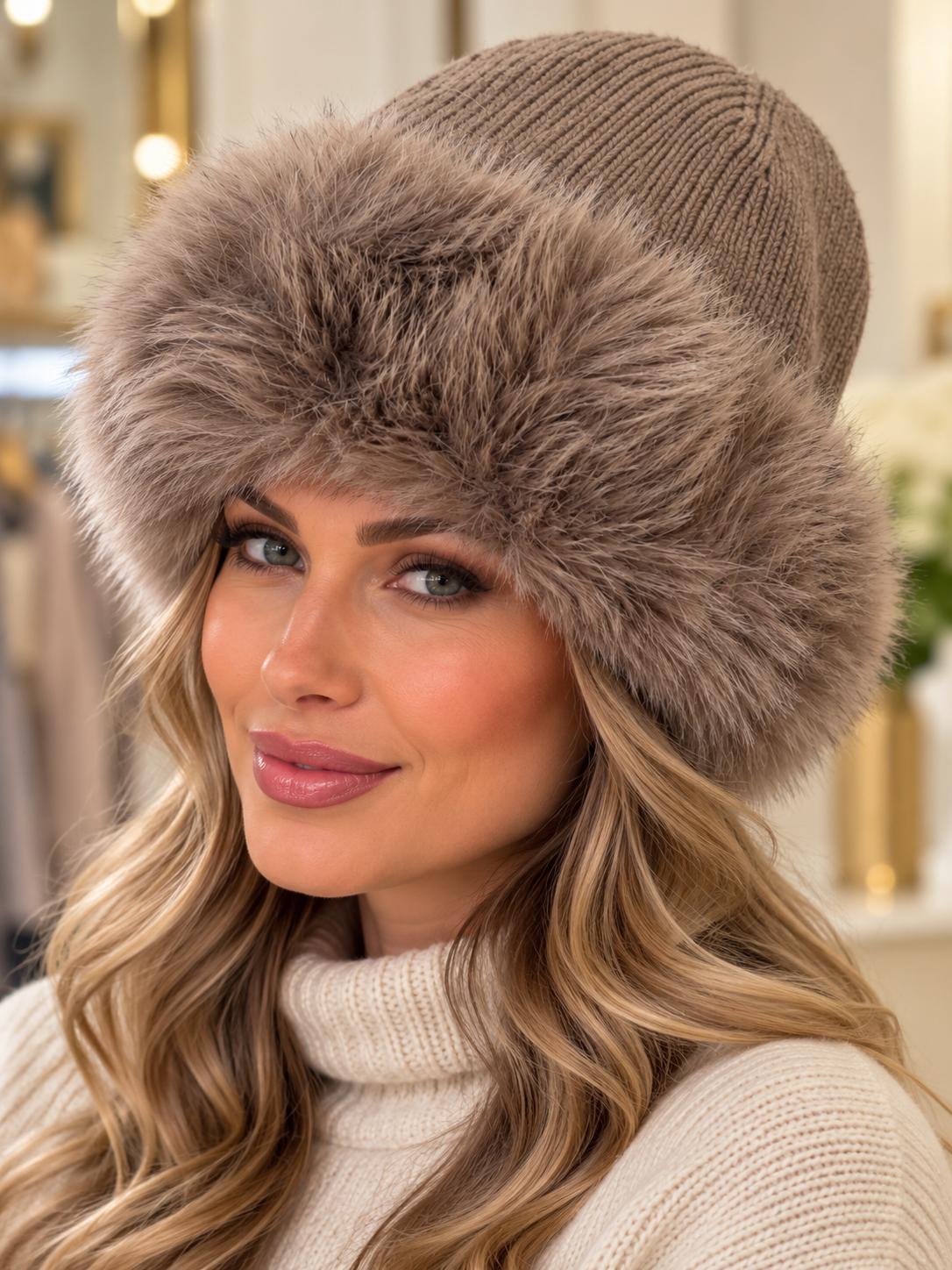 Cosy Knit & Faux Fur Trim Hat Mocha