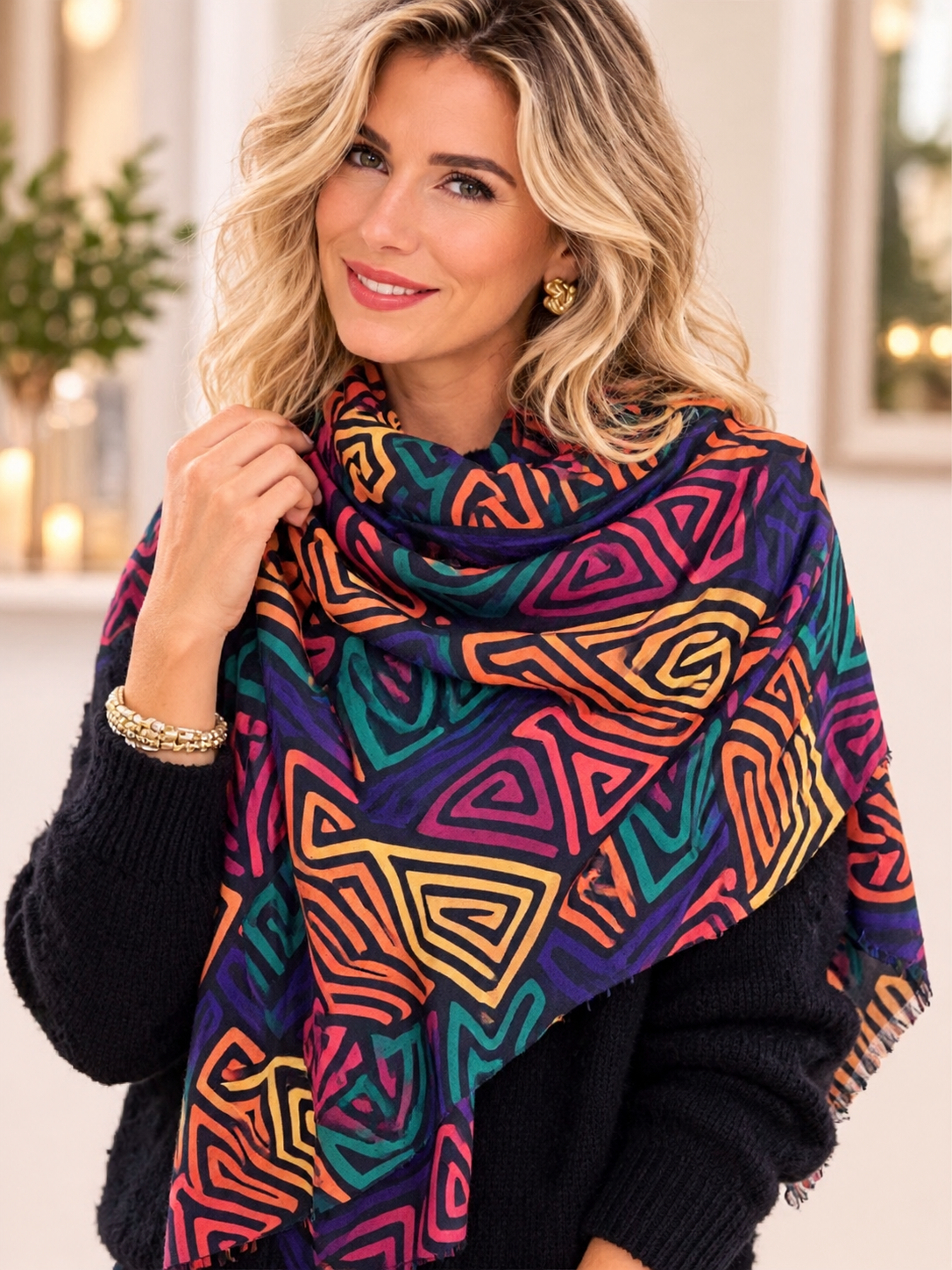 Colourful Geo Swirl Print Wool Scarf