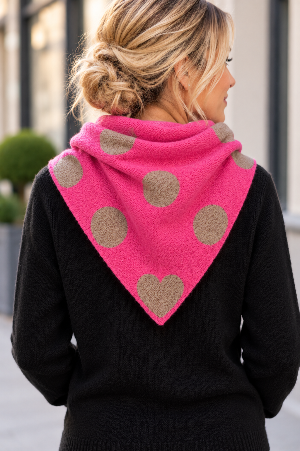 Reversible Heart & Polka Dot Mixed Print Knit Triangle Scarf Pink/Camel