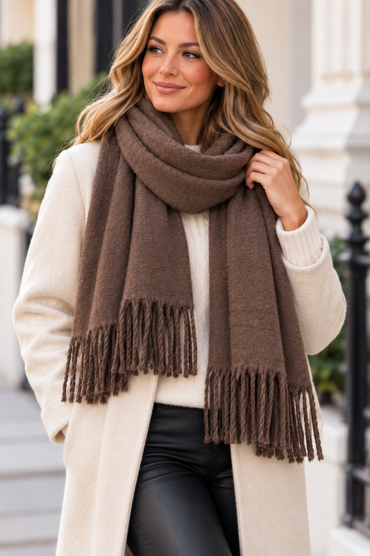 Super Soft Brushed Faux Mink Tassel Scarf Shawl Chocolate