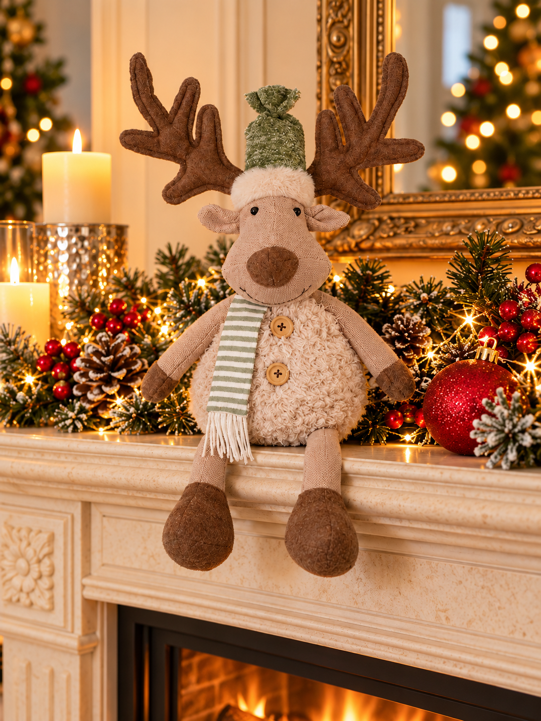 Christmas Sitting Reindeer with stripey Scarf