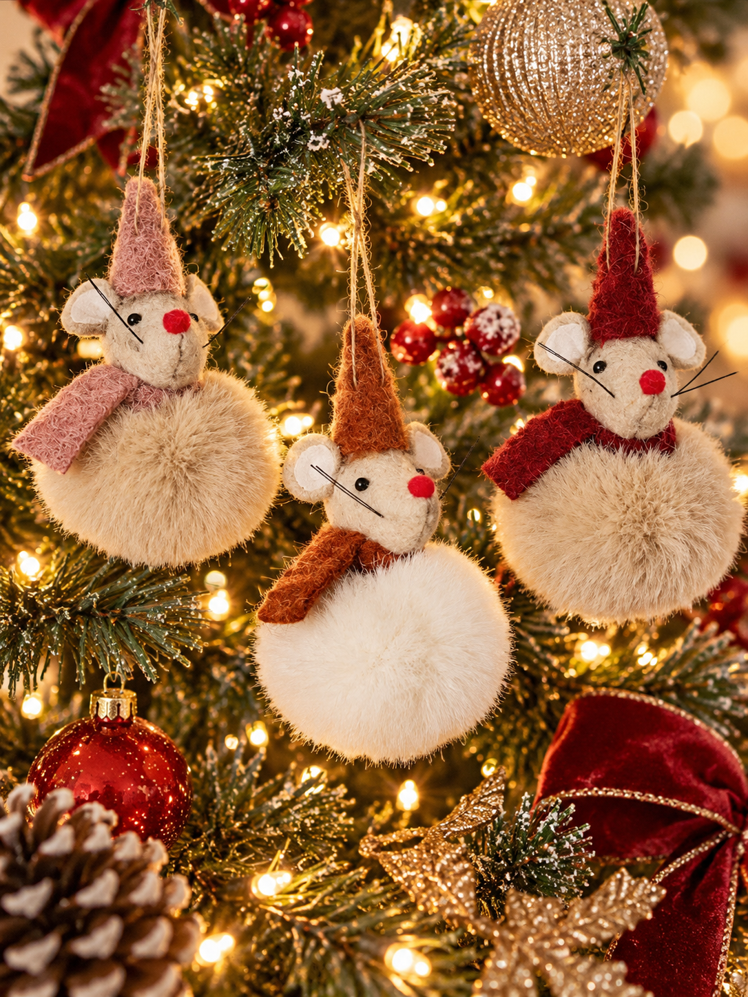 Christmas Hanging Pompom Mice Asstd Colours