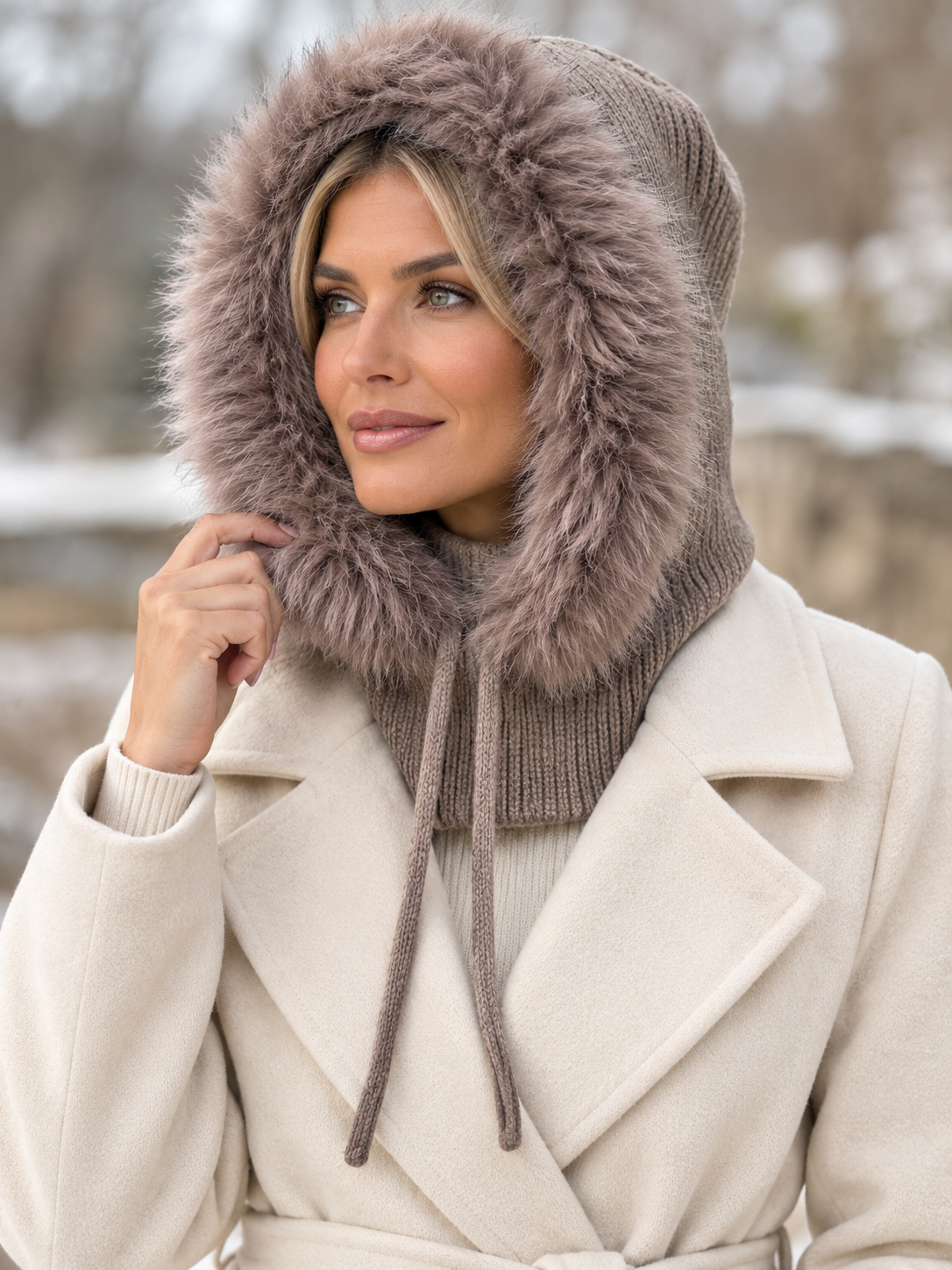 Wool knit Hooded Balaclava with Faux Fur Trim Taupe