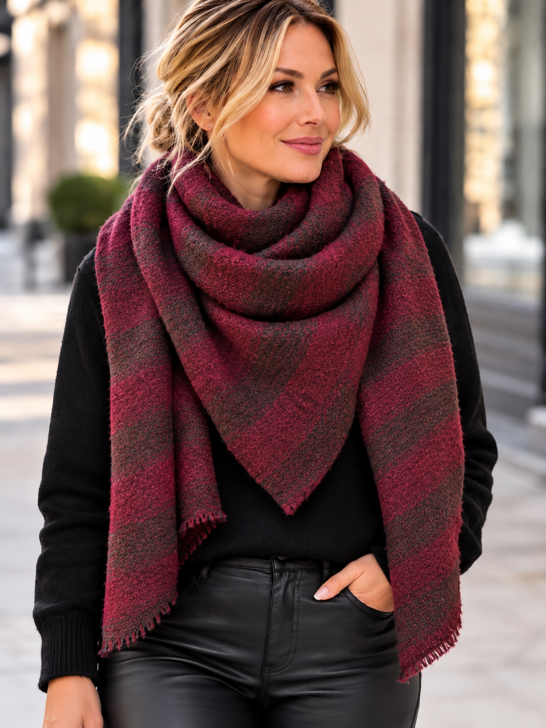 Classic Two-Tone Stripe Wool Blend Knit Triangle Scarf Wrap Burgandy