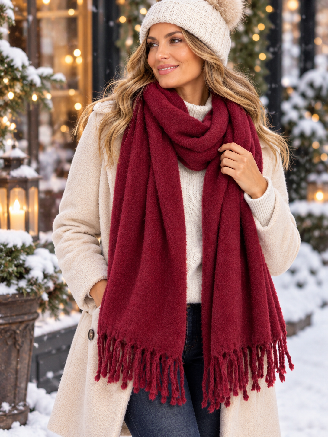 Super Soft Brushed Faux Mink Tassel Scarf Shawl Burgandy