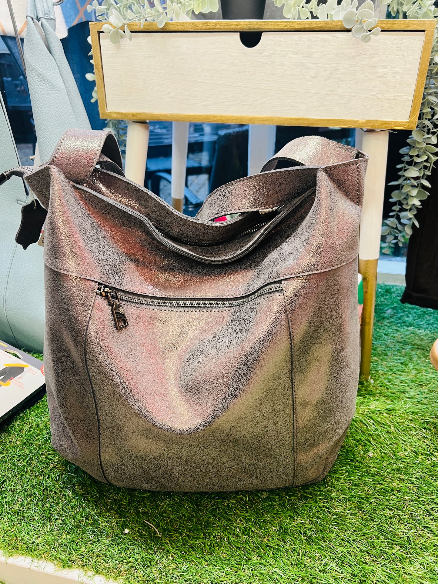 Malissa J Leather Pewter Slouch Bag