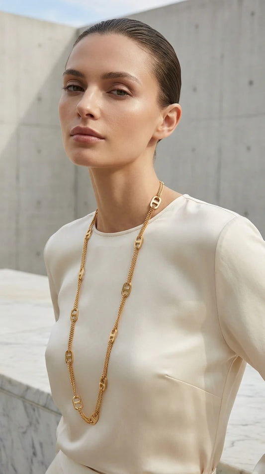 Envy Long gold double layer chain necklace with link design