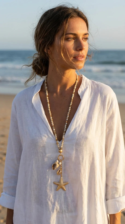 Envy Long gold and bead necklace with starfish and shell pendants