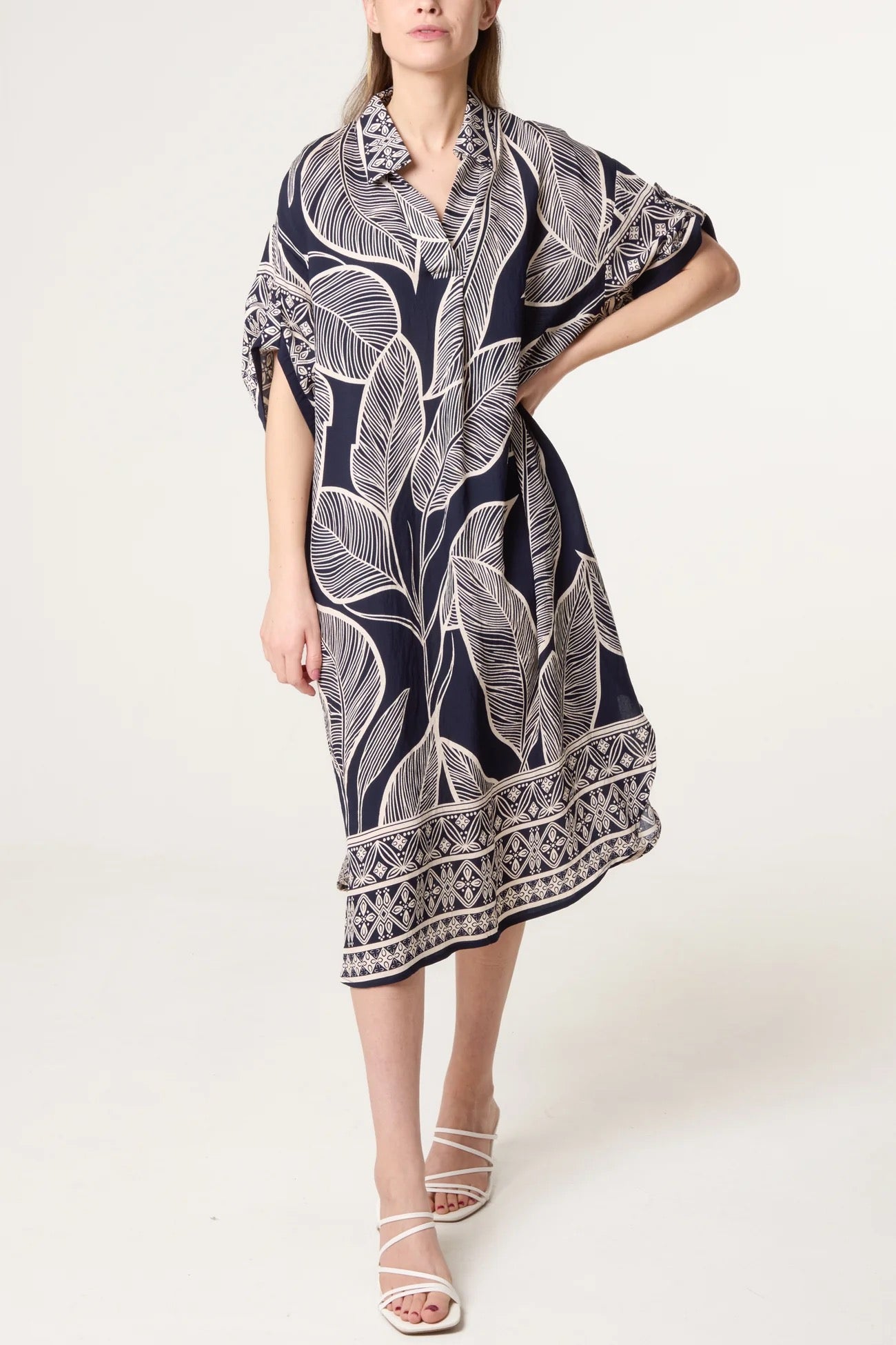 Short Sleeve Shirt Dress with Leaf Print