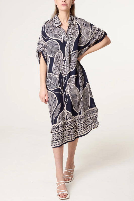 Short Sleeve Shirt Dress with Leaf Print