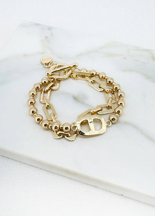 Envy Gold chain and ball T-bar bracelet with link desig