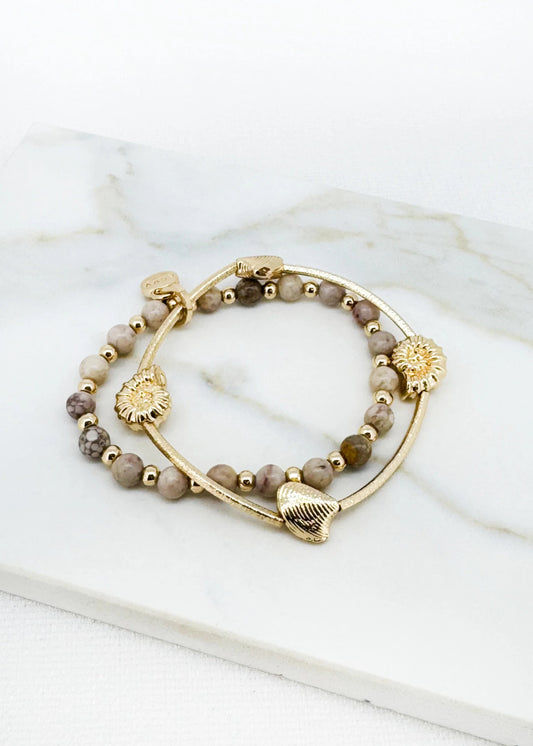 Envy Elasticated taupe and gold two layer bracelet with starfish design