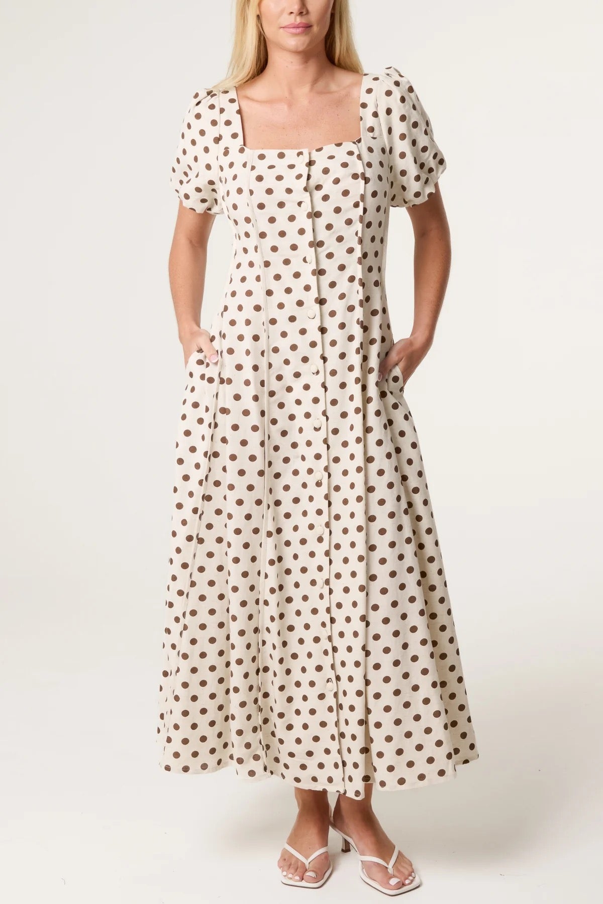 Polka Dot Puff Sleeve Dress Linen