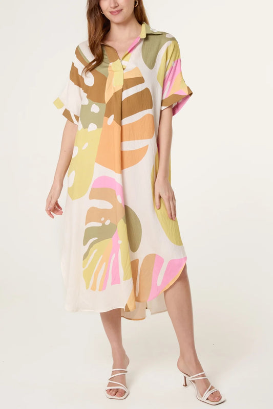 Bold Abstract Leaf Print Dress Orange