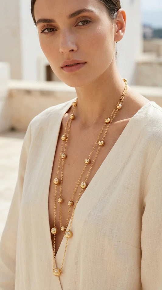 Envy Long gold double layer ball necklace