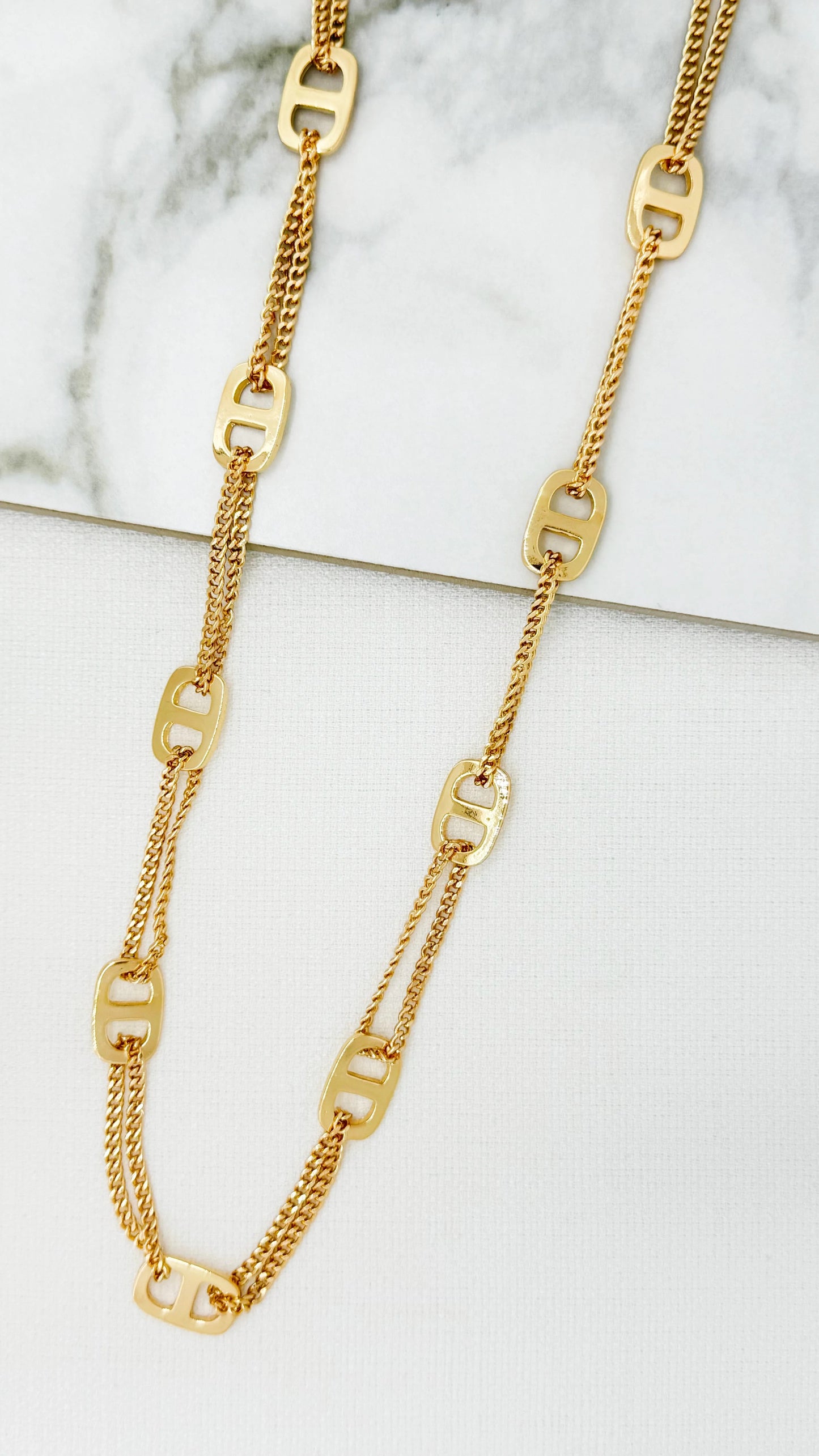 Envy Long gold double layer chain necklace with link design