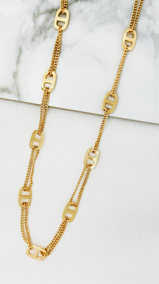 Envy Long gold double layer chain necklace with link design